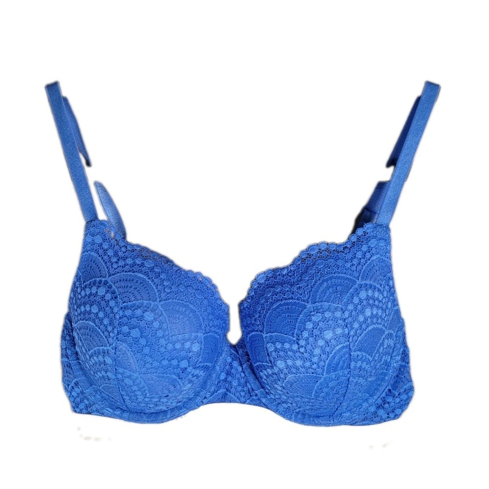 Victorias Secret Perfect Shape Bra 34D Cobalt Blue Lace Logo Elastic Underwire